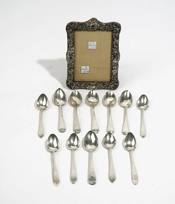 Silver and silver mounted wares, comprising; a set of six Old English pattern teaspoons, with engraved decoration, London 1823, a set of six Irish tea