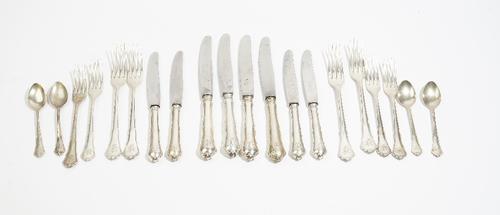 A German 800 part table service, comprising; twelve table forks, twelve tablespoons, twelve dessert forks, twelve teaspoons and eleven coffee spoons,