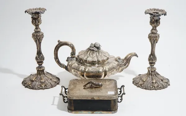 A group of plated wares, comprising; a rectangular twin handled lidded dish, having a lobster finial, a teapot, having a floral finial to the detachab