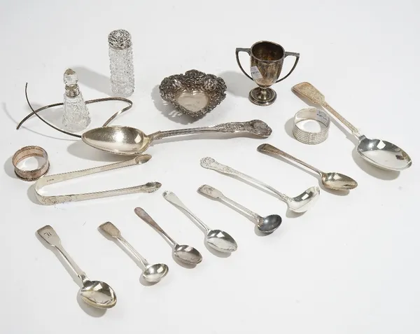 Silver and silver mounted wares, comprising; a bonbon dish, a twin handled trophy cup, two napkin rings, a pair of sugar tongs, two silver topped glas