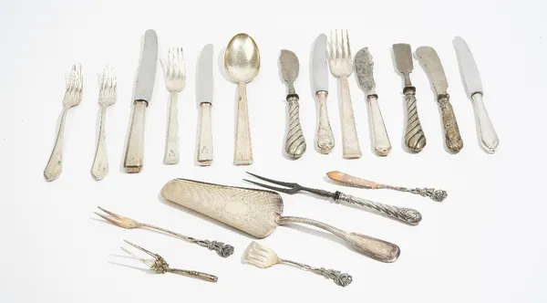 A group of European mostly 800 table flatware, comprising; a pair of tablespoons, another tablespoon, a serving slice, fourteen further items of flatw