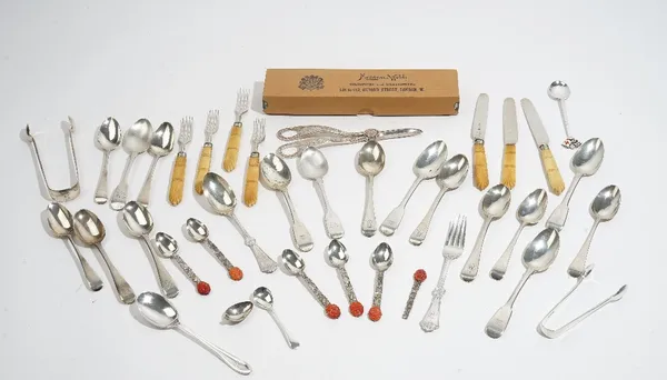 A group of silver flatware, comprising; five Old English pattern teaspoons, London 1864, five Old English pattern teaspoons, probably London 1803, two