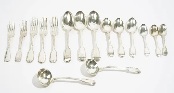 A George IV silver fiddle and thread pattern part canteen of table flatware, by Charles Eley, London 1825, double struck, comprising:- twelve tablespo