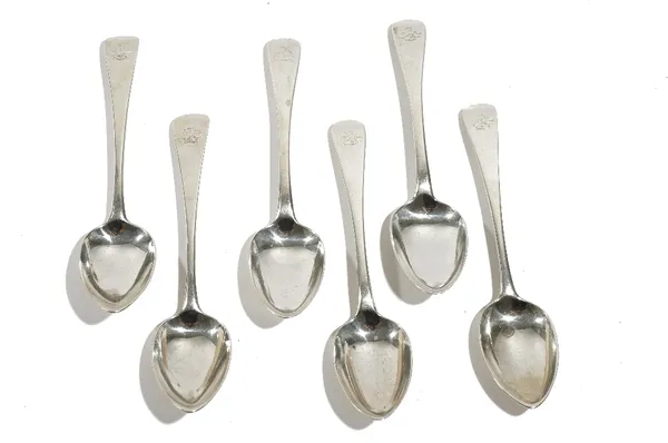 Three silver Old English pattern dessert spoons, crest engraved, London 1819 and three further silver Old English pattern dessert spoons, London 1830,