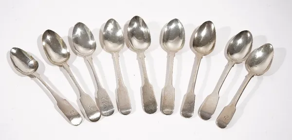 Silver spoons, comprising; three Scottish fiddle pattern dessert spoons, two Irish fiddle pattern dessert spoons, one Exeter fiddle pattern dessert sp