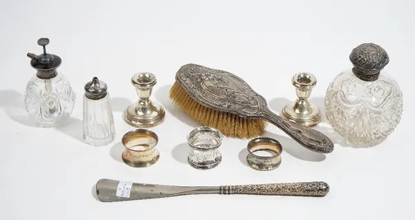 Silver and silver mounted wares, comprising; a faceted glass spherical scent bottle, Birmingham 1901, a scent atomizer, a glass salt pot, a hairbrush,