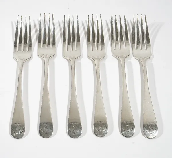 A set of six Scottish silver Old English pattern table forks, Edinburgh 1831, crest and motto engraved, combined weight 373 gms, (6).