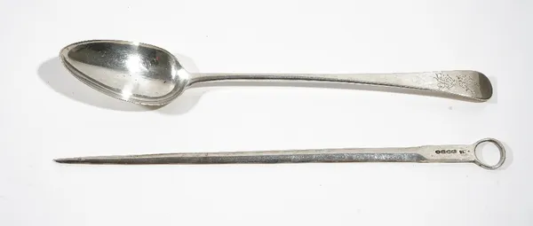 A George III silver Old English pattern basting spoon, maker Peter & Ann Bateman, London 1799 and an early Victorian silver skewer, with a ring shaped