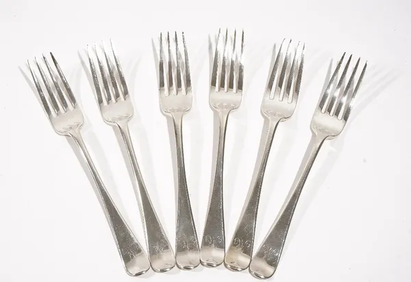 A set of six silver Old English pattern table forks, London 1810, combined weight 316 gms, (6).