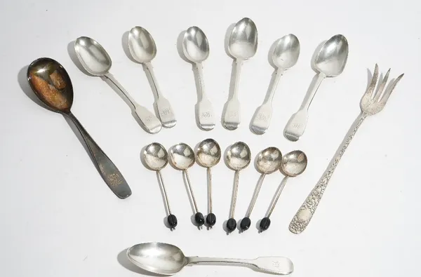 Silver flatware, comprising; four Victorian fiddle pattern teaspoons, Newcastle 1860, three Victorian fiddle pattern teaspoons, London 1879, a set of