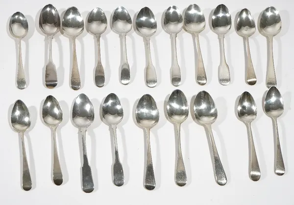 A set of six silver fiddle pattern teaspoons, Newcastle, probably 1822, two further silver fiddle pattern teaspoons, including one Scottish provincial