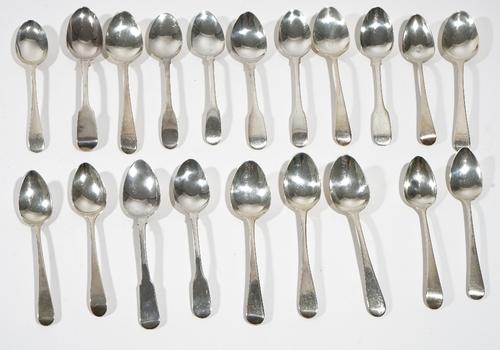 A set of six silver fiddle pattern teaspoons, Newcastle, probably 1822, two further silver fiddle pattern teaspoons, including one Scottish provincial