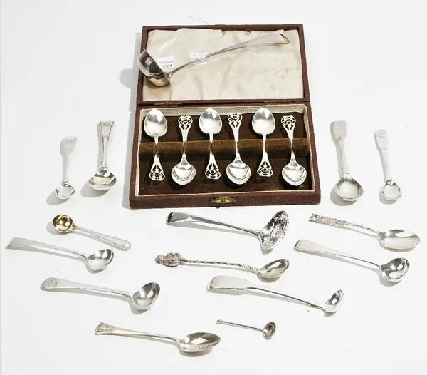 Silver, comprising; a set of six coffee spoons, with pierced decoration to the handles, Sheffield 1947, with a case, a Scottish silver toddy ladle, a