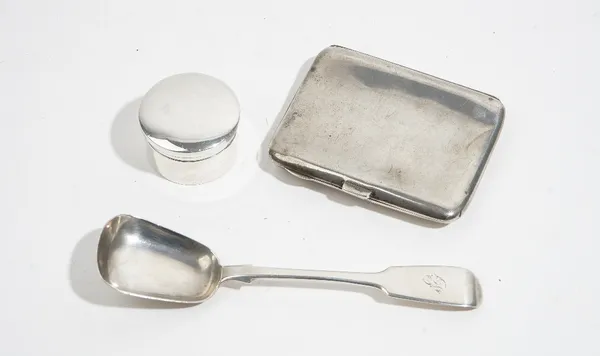 Silver, comprising; a fiddle pattern preserve spoon, Exeter 1855, a circular pill box, Birmingham 1919 and a rectangular cigarette case, Birmingham 19