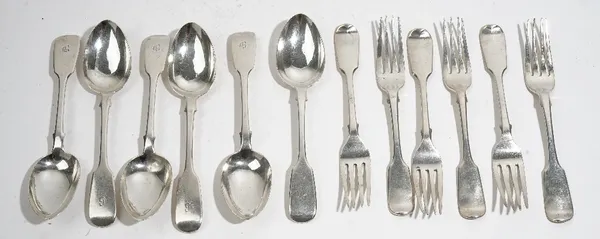 Fiddle pattern silver table flatware, comprising; six Victorian dessert spoons, London 1863 and six Victorian dessert forks, London 1863, combined wei