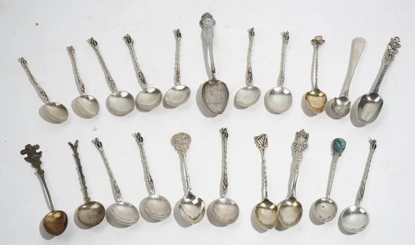 Eight silver tea and other spoons, four foreign spoons and nine similar teaspoons, the handles with figure terminals, probably Dutch, combined gross w