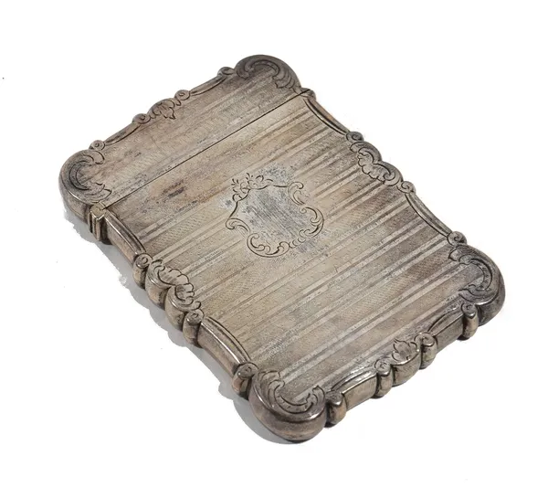 A Victorian silver shaped rectangular visiting card case, decorated with engine turned bands and with scrolls to the sides, maker Nathaniel Mills, Bir