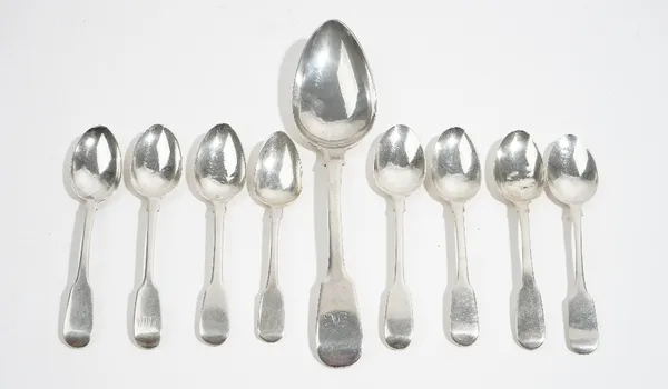 A group of silver spoons, comprising; an Aberdeen fiddle pattern tablespoon, two fiddle pattern teaspoons, both Exeter and six further fiddle pattern