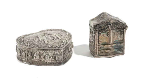 A silver hinge lidded heart shaped box, the lid decorated with two putto within a floral border, import mark London 1925 and a Dutch hinge lidded cach