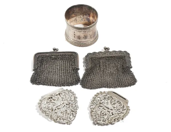 A silver chain mesh purse, import mark London 1906, a foreign chain mesh purse, the mount with foliate decoration, a silver two piece lady's waistbelt