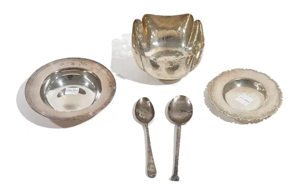 Silver, comprising; an Armada style dish, diameter 12cm, a smaller shaped circular dish, diameter 10cm, two spoons and a foreign bowl, having a beaten