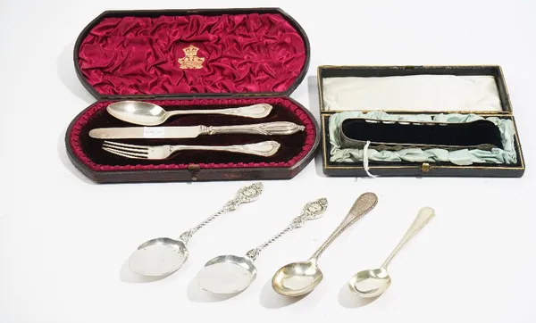 Silver flatware, comprising; a pair of sugar tongs, with bright cut and pierced decoration, probably Sheffield 1794, a three piece christening set, co