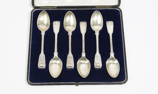 A set of six Victorian silver double struck, fiddle, thread and shell pattern dessert spoons, London 1845, combined weight 366 gms, with a case.