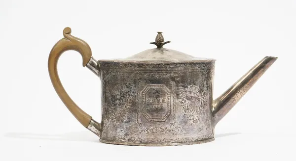 A Scottish silver teapot, mid-19th century, of oval form, with engraved decoration, the hinged lid with a pineapple finial, with a composition handle,