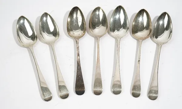 Five silver Old English pattern tablespoons, London 1802 and two further silver Old English pattern tablespoons, London 1806 and 1807, combined weight