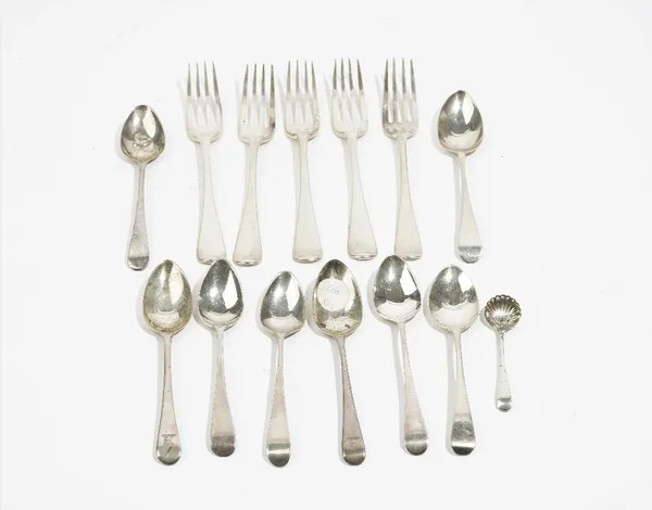 Silver table flatware, comprising; five Old English pattern dessert forks, four London 1800 and one London 1802, eight Old English pattern teaspoons,