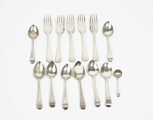 Silver table flatware, comprising; five Old English pattern dessert forks, four London 1800 and one London 1802, eight Old English pattern teaspoons,