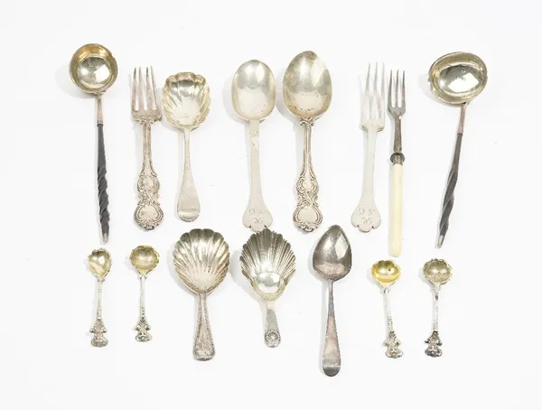 Silver flatware, comprising; a christening spoon and fork, London 1855, another christening spoon and fork, London 1894, two caddy spoons, having shel