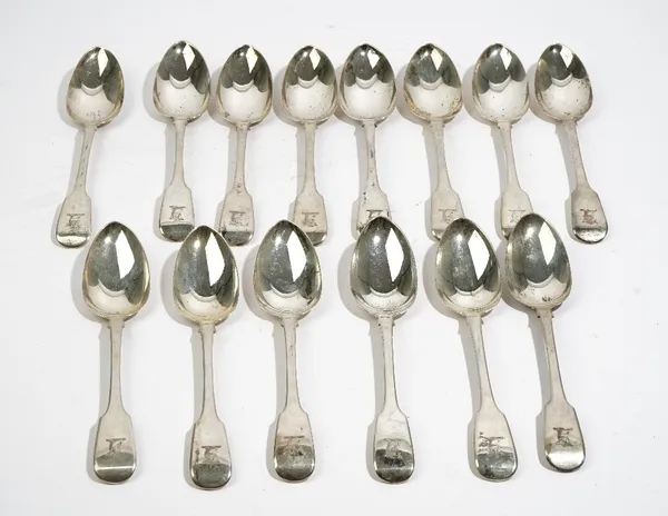 Fourteen George IV silver fiddle pattern tablespoons, London 1828, combined weight 1058 gms, (14).