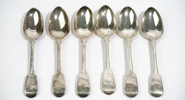 A set of six silver fiddle pattern tablespoons, London 1829, combined weight 450 gms, (6).