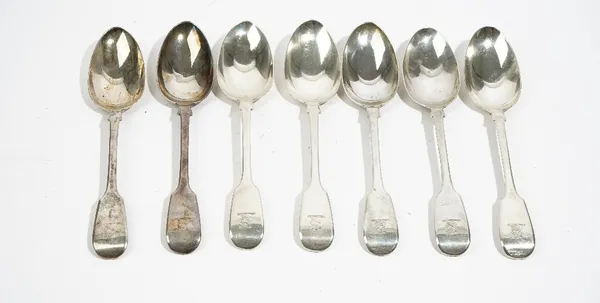 Seven Victorian silver fiddle pattern tablespoons, London 1838, combined weight 531 gms, (7).