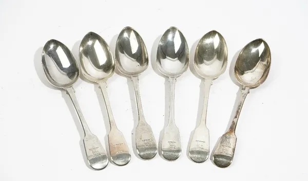 Four silver fiddle pattern tablespoons, London 1837 and two silver fiddle pattern tablespoons, London 1825, combined weight 472 gms, (6).