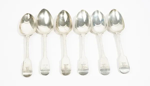 Four silver fiddle pattern tablespoons, London 1826 and two further silver fiddle pattern tablespoons, London 1824 and London 1830, combined weight 43