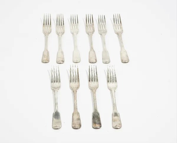 Ten silver fiddle pattern table forks, London 1837, combined weight 717 gms, (10).