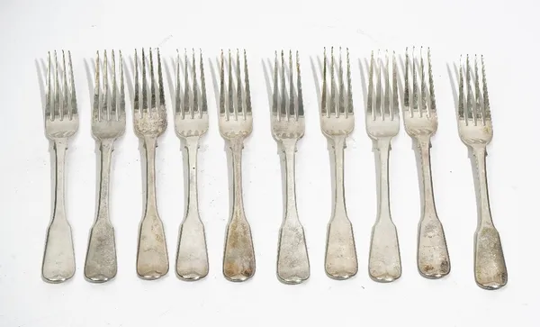 Ten Victorian silver fiddle pattern table forks, London 1838, combined weight 769 gms, (10).