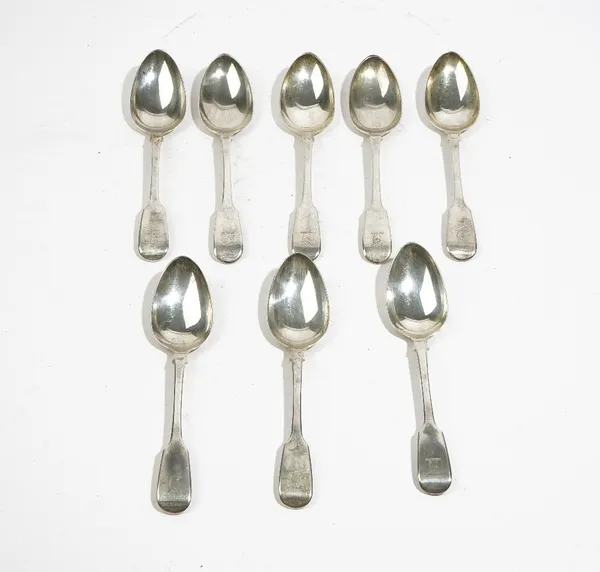 Three silver fiddle pattern dessert spoons, London 1826 and five silver fiddle pattern dessert spoons, London 1828, combined weight 330 gms, (8).