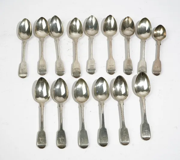 Silver fiddle pattern teaspoons, comprising: one London 1824, five London 1825, four London 1828 and four London 1837, also a fiddle pattern egg spoon