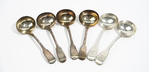 Six silver fiddle pattern sauce ladles, comprising: a pair London 1824, a pair London 1827, one London 1837 and one London 1838, combined weight 392gm