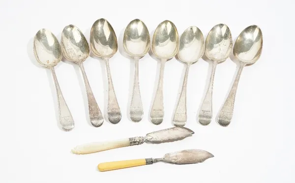 Eight single struck bead edged Old English pattern tablespoons, various dates, combined weight 533 gms and two silver bladed butter knives, (10).