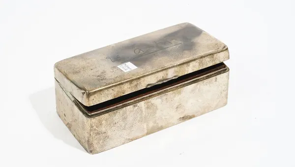 A late Victorian silver rectangular hinge lidded table cigarette box, wooden lined within, the lid initial engraved, Birmingham 1897, 18.5cm x 9.5cm.