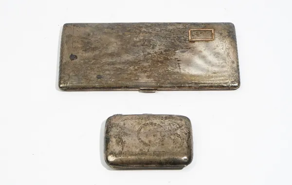 Silver, comprising: a rectangular cigarette case, with engine turned decoration, Birmingham 1936 and a smaller rectangular cigarette case with engrave