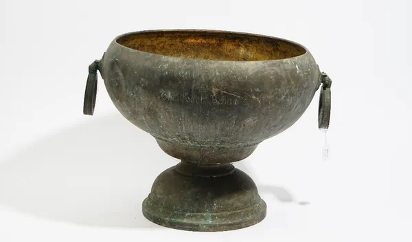 An Indian colonial large twin-handled bowl, the foot rim inscribed 'GRISH CHUNDER DUTT & SONS, BHOWANIPORE, CALCUTTA, SILVER' and the body engraved 'C