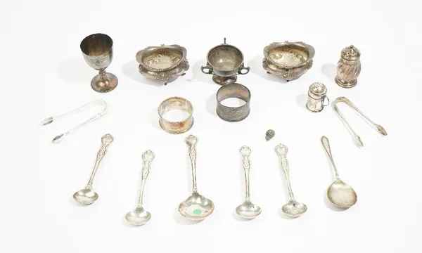 Silver comprising; a pair of late Victorian salts, four Victorian mustard spoons and a preserve spoon, a three handled small bowl, an egg cup, two pai