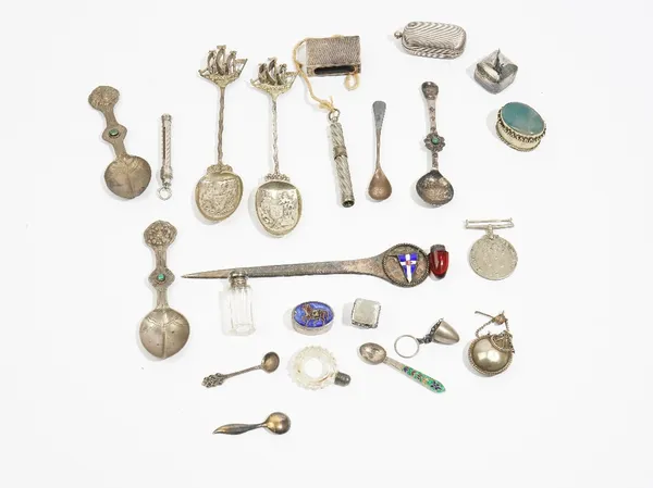 Silver foreign and plated wares comprising; a pair of German spoons, the bowls decorated with a coat of arms, cast handles, with sailing ship finials,