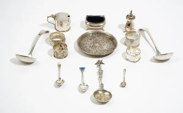 Silver, comprising; a pair of Old English pattern sauce ladles, Sheffield 1897, three various spoons, a cylindrical mustard pot, a salt with a blue gl