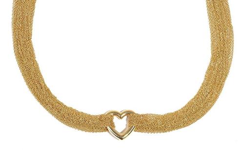 A Tiffany & Co 18ct gold, open heart necklace, the open heart motif suspended from a multi-trace link gold necklace, fastened with a bar and circular